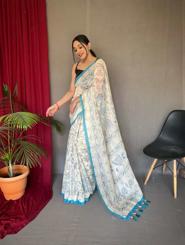 white_&_Blue_Pure_Malai_Cotton_Sarees_With_Katha_Print_Work_With_Blouse_Piece_Attached